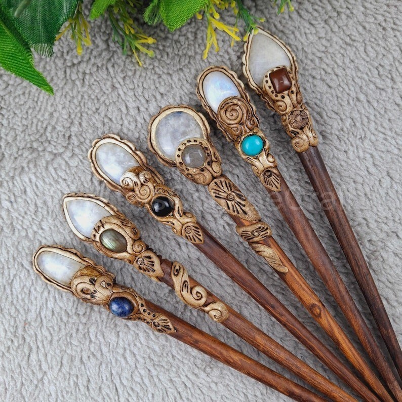 Rainbow Moonstone Cabochon hair Stick, Polymer Clay Hair Sticks, Birthday Gift