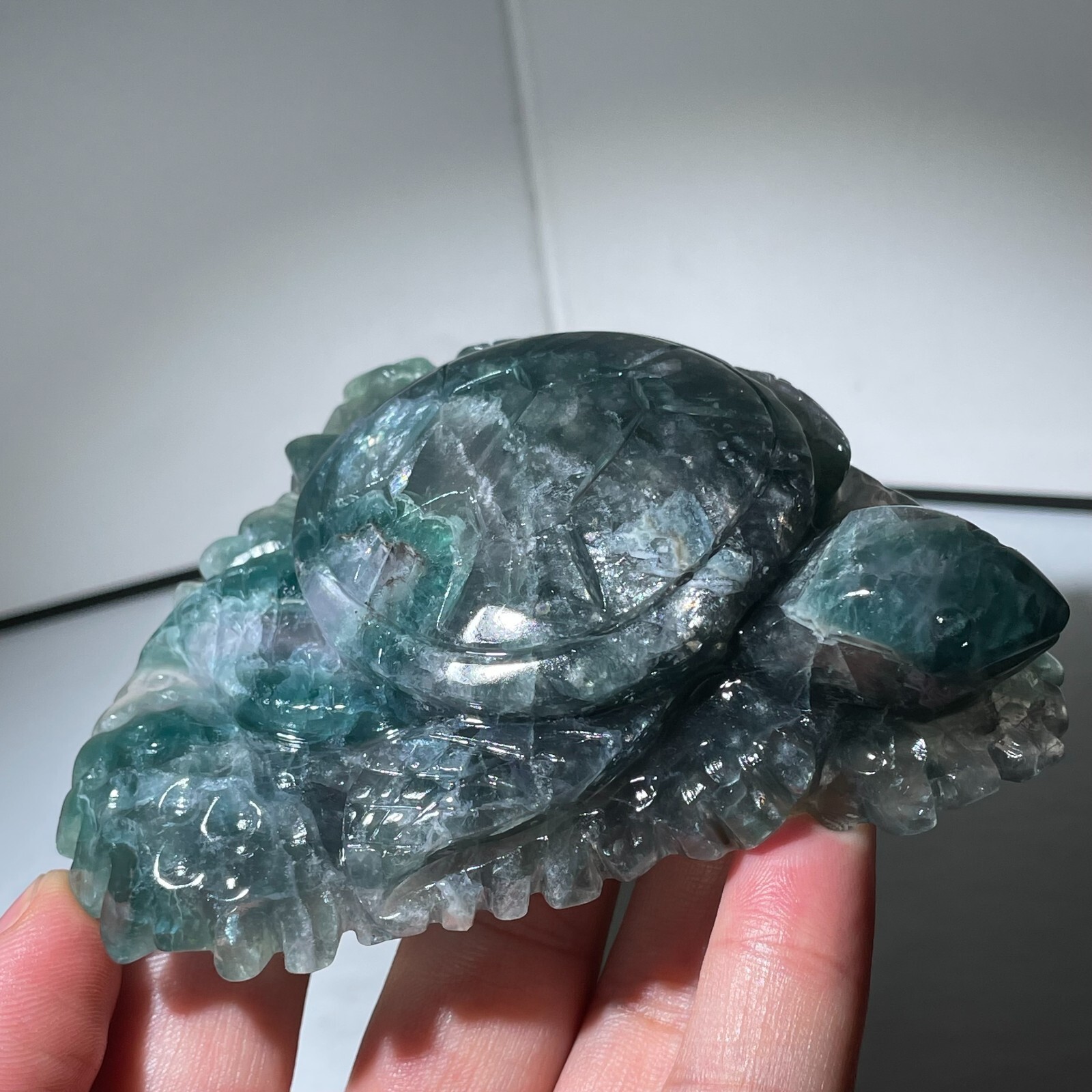 353G Natural Color fluorite Quartz Crystal sea turtle Skull Reiki Healing Gift