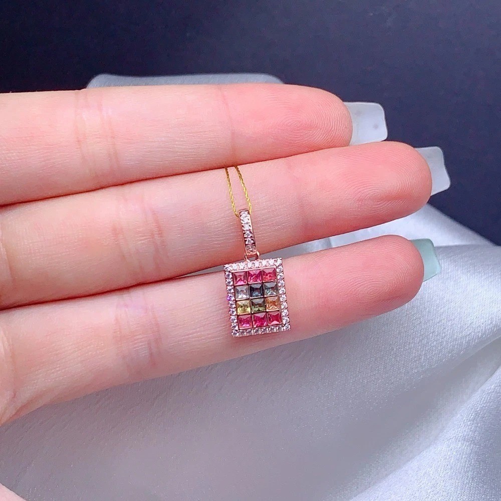 Natural Tourmaline Gemstone Pendant Necklace Jewelry S925 Silver Plated18K Gold