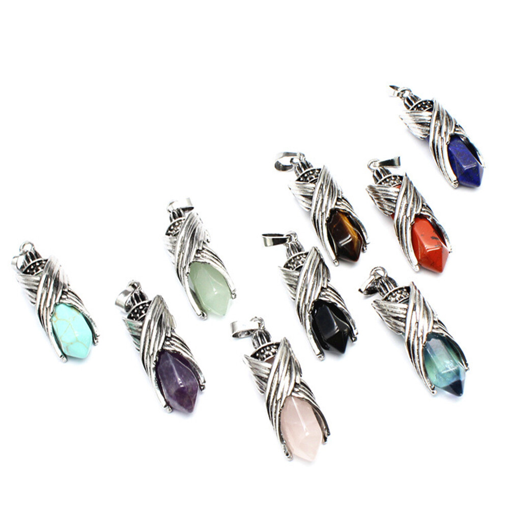 Natural Gemstone Hexagonal Angel Wing Chakra Healing Pendant Bead Point Crystal