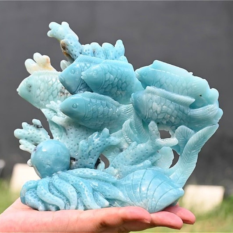 6.4” Natural Amazonite Fish carved reiki crystal Statue decor heal gift 1pc