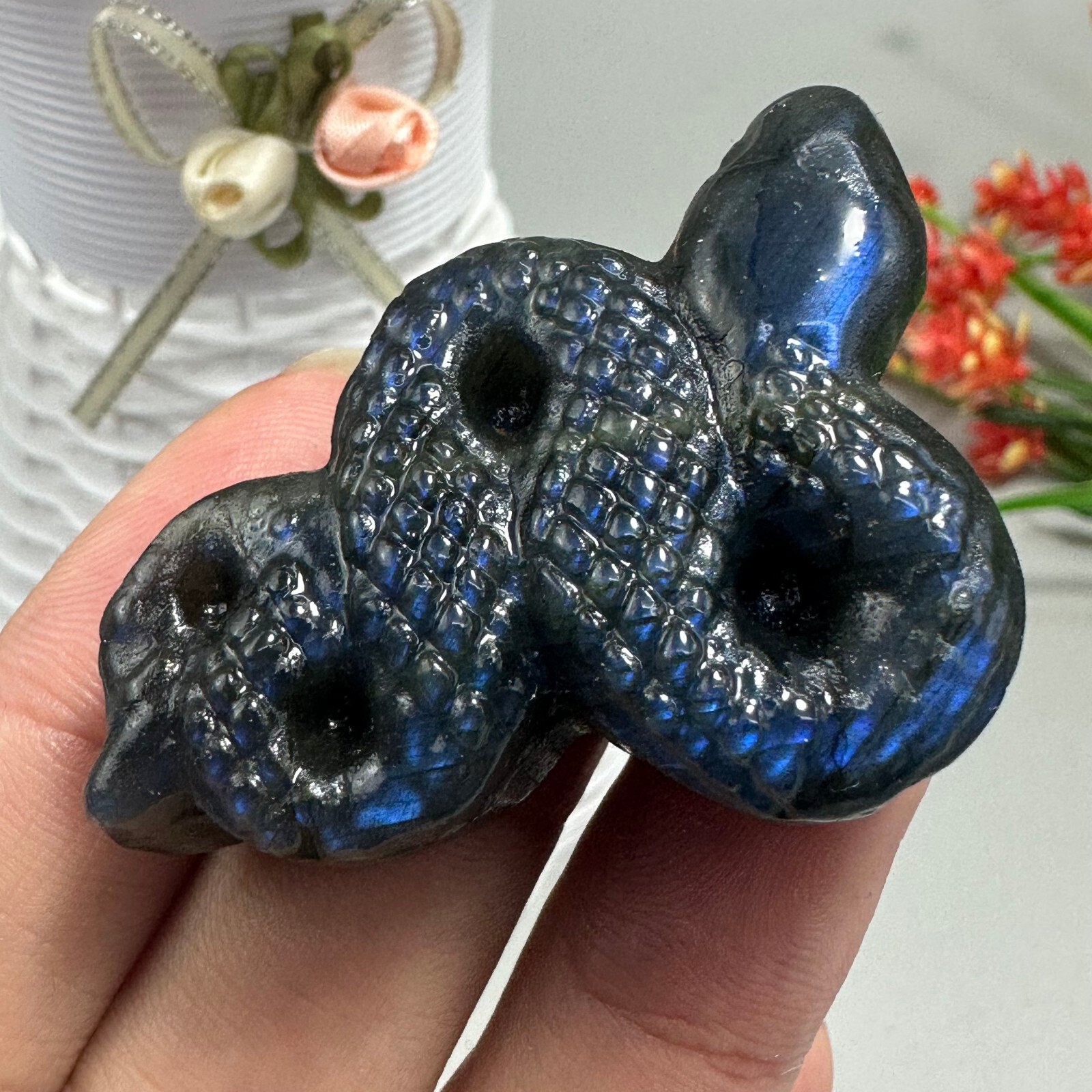 Natural Labradorite Carved Snake Quartz Skull Crystal Specimen Reiki Healing 1pc
