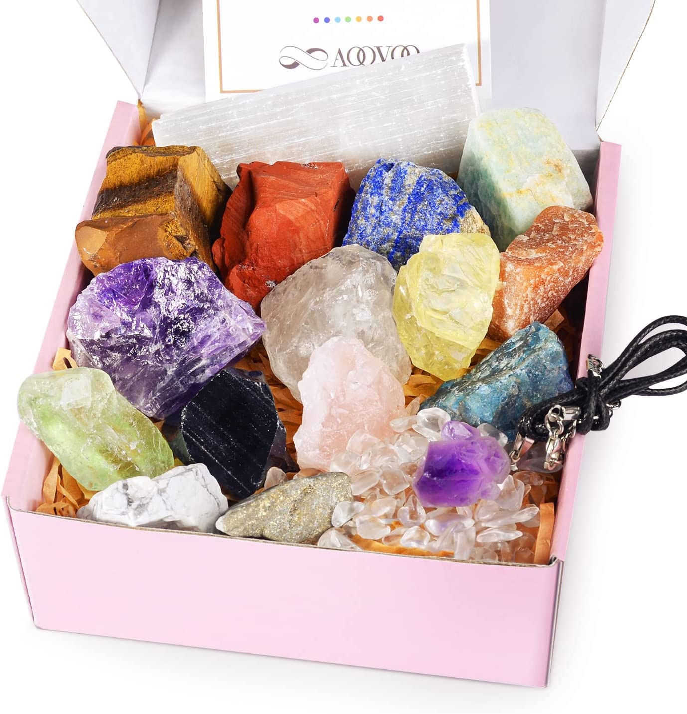 AOOVOO 17Pcs Crystals and Healing Stones, 14Pcs Real Raw Chakra Stones Set, Sele