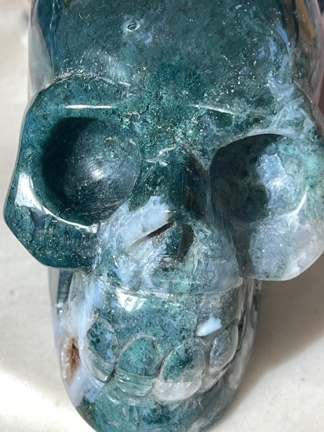 4″ Natural Green Indian Agate Carved Crystal Skull, Crystal Healing #382