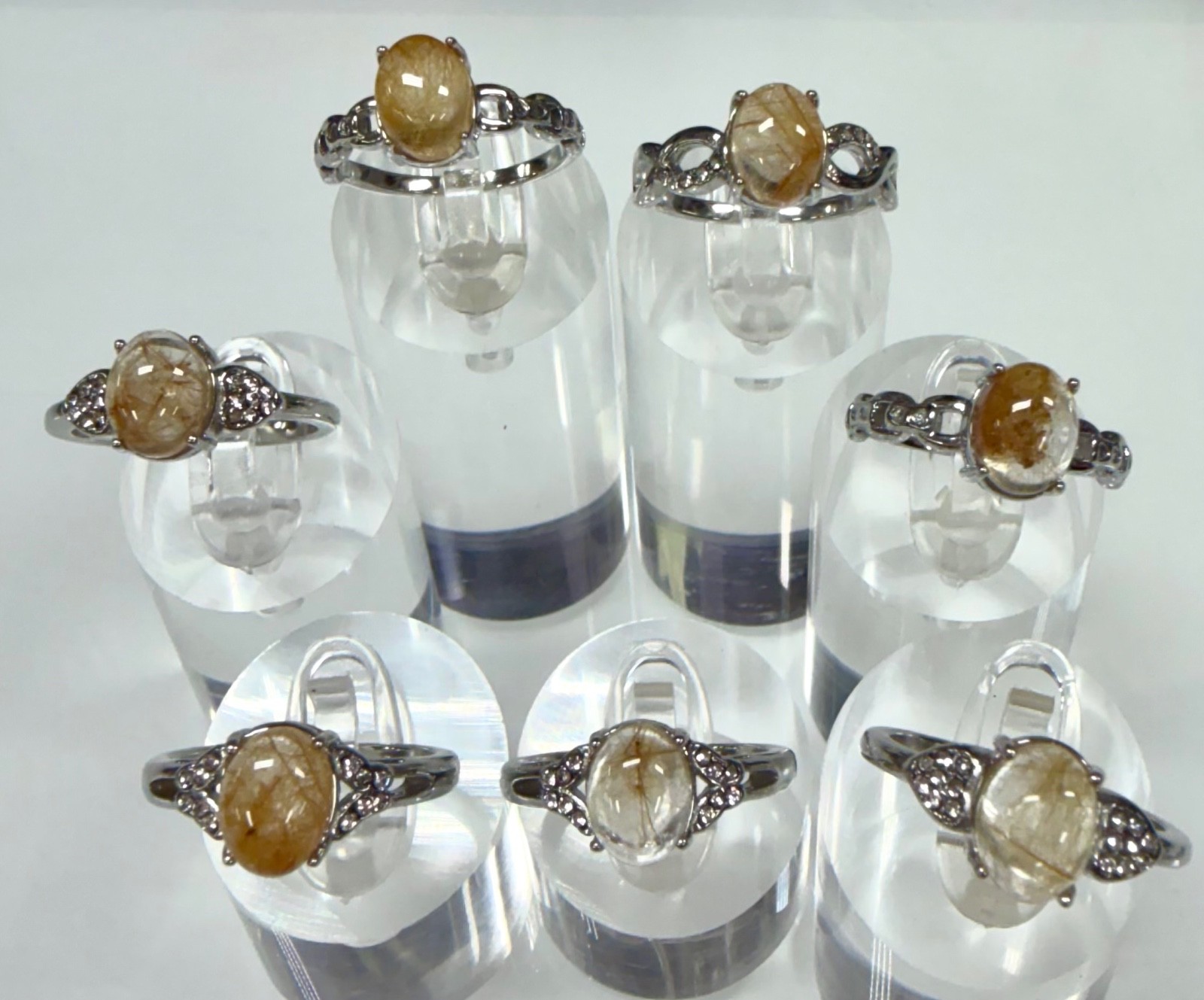 Wholesale 7 Pcs Natural Gold Rutilated Quartz Stainless Steel(316) Rings 7x9mm