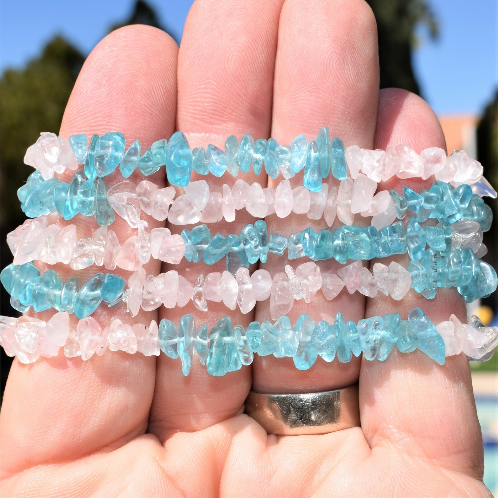 CHARGED Blue Apatite Rose Quartz Crystal Chip Stretchy Bracelet + Selenite Heart