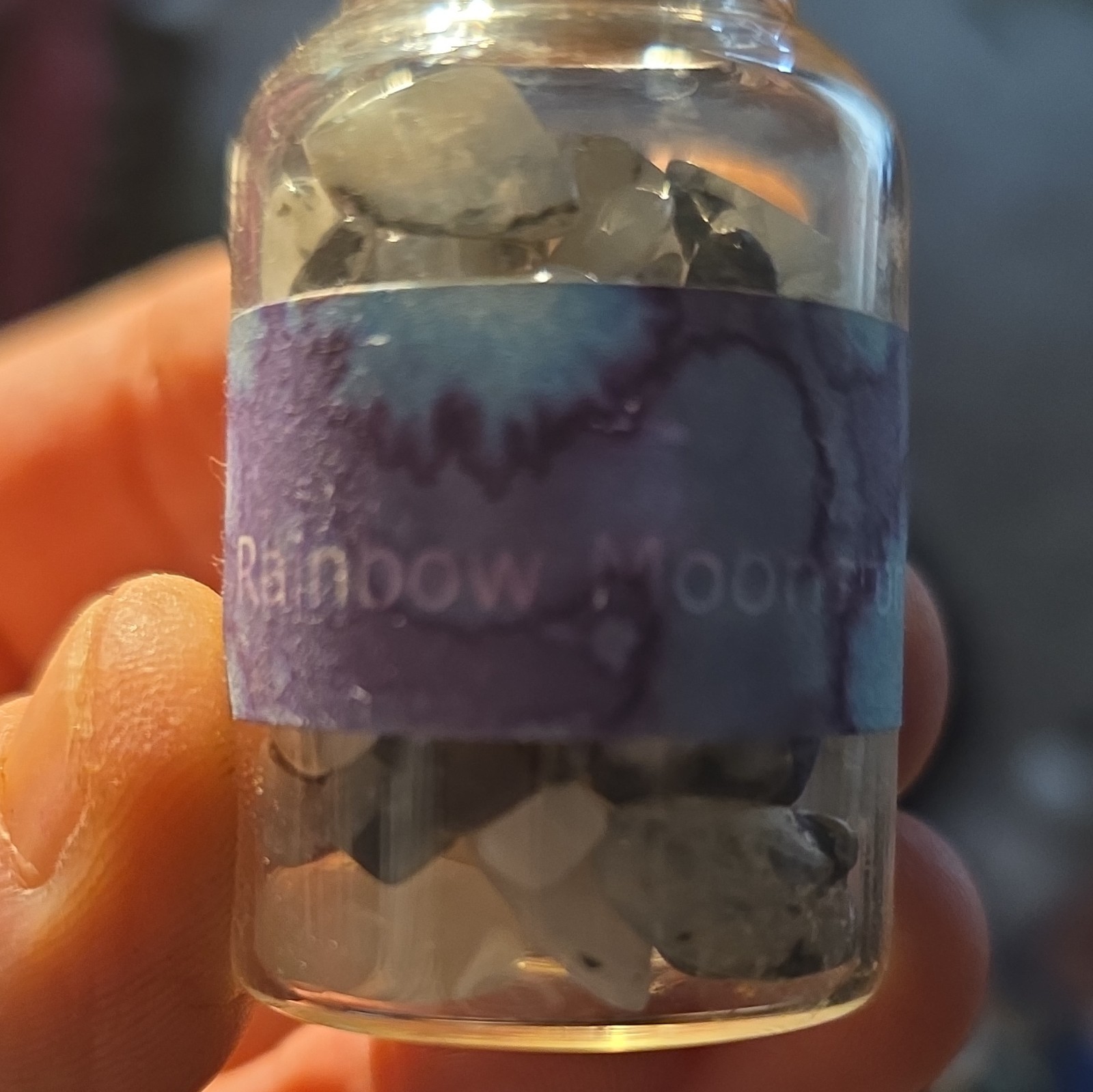 Rainbow Moonstone Tumbled Chips Small Glass Corked Vial Bottle, Labeled