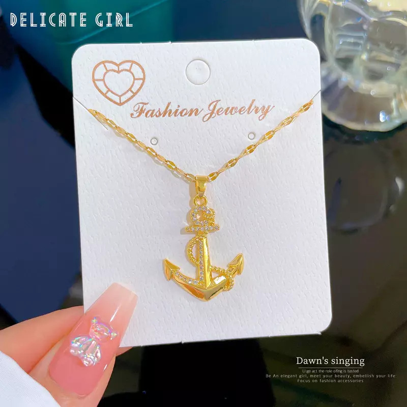 Women’s Fashion Jewelry Gold Cubic Zircon Anchor Pendant Necklace 1PC