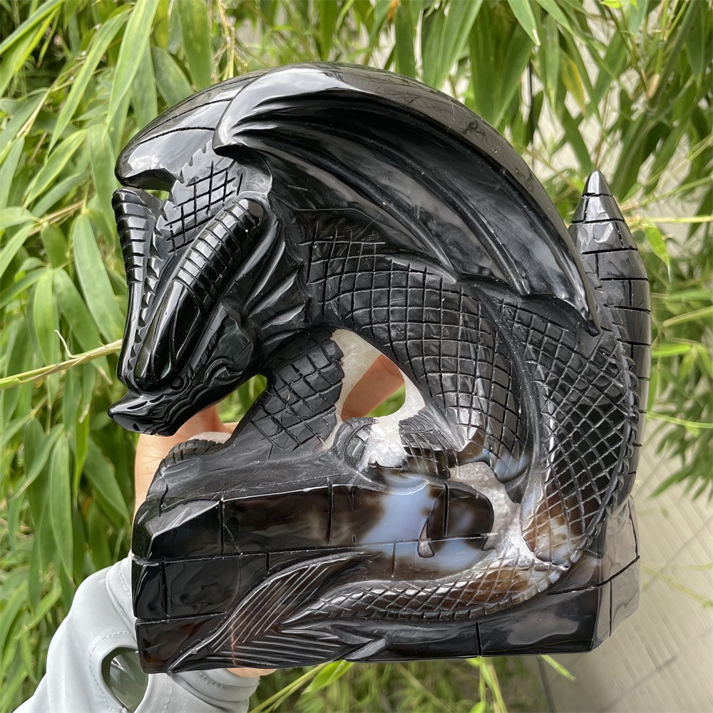 4.8LB 6.8″Black Lace Sardonyx Dragon Figurine Quartz Crystal Carving Reiki Decor