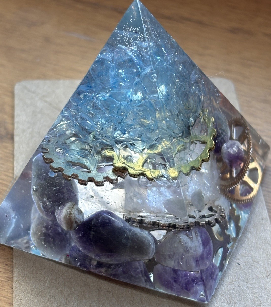 Steampunk Orgone Energy Pyramid Aquamarine Raw Quartz Amethyst Gears Handmade