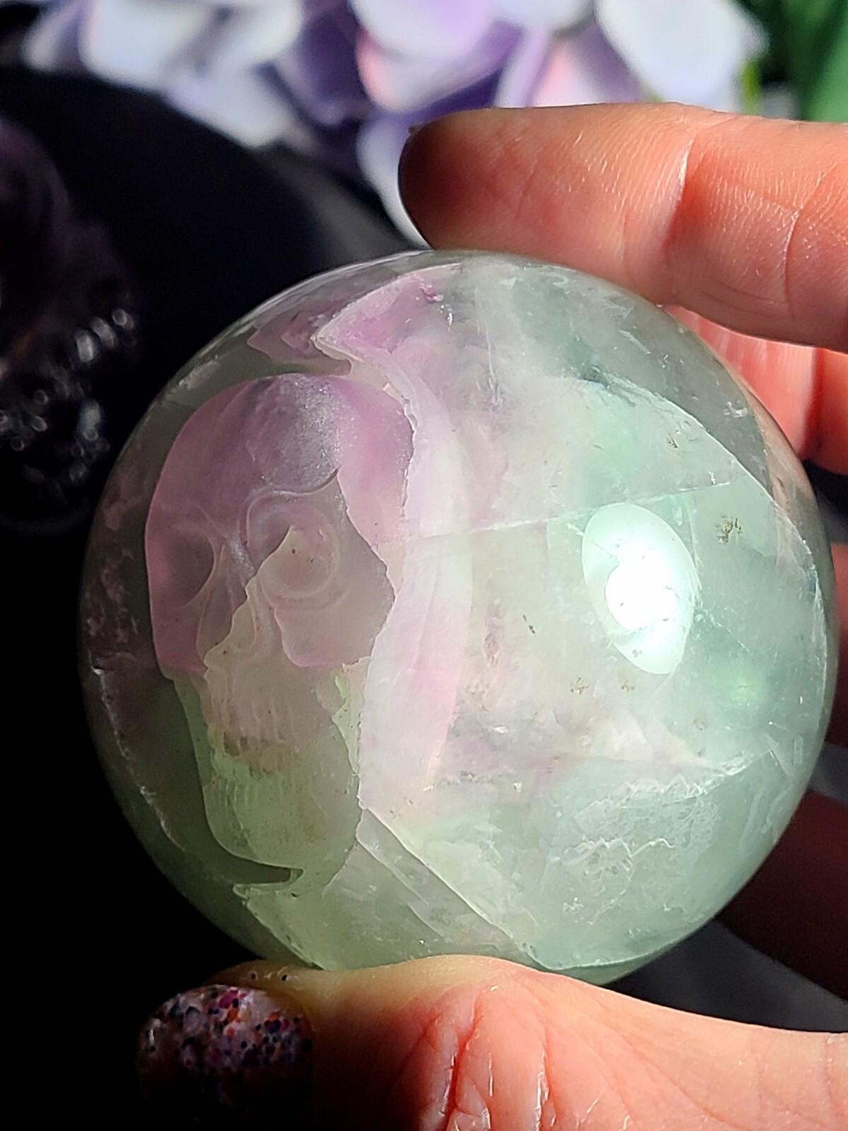 2.4″ 60 mm Purple & Green Fluorite Skull Carved into Crystal Ball Sphere Rainbow
