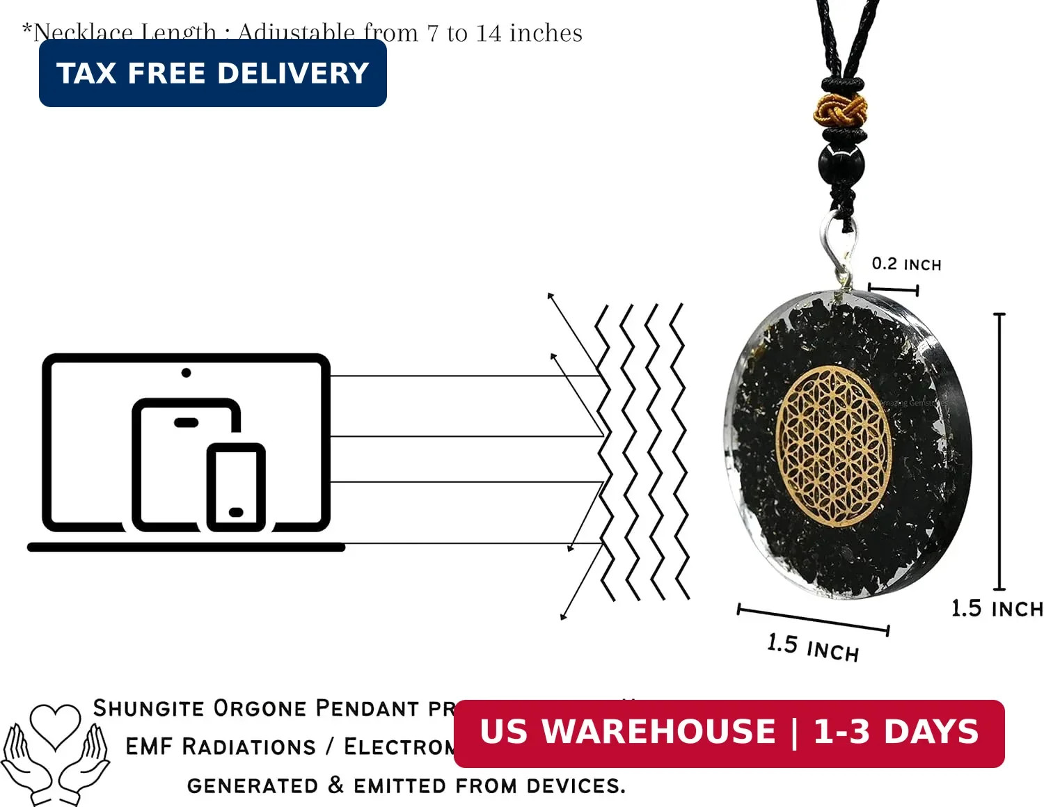 Amazing Gemstone Shungite Round Orgonite Pendant Necklace for Protection – Power