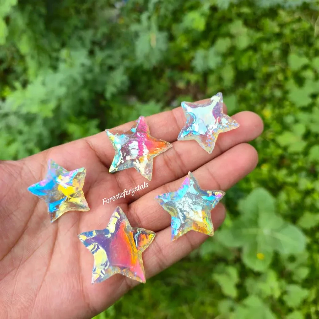 Angel Aura Quartz Crescent Star: Rainbow Titanium Coated Opalite Crystal