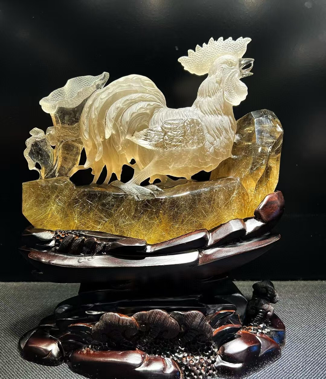 14.63LB TOP Natural gold Hair crystal quartz hand carved Rooster crystal +stand