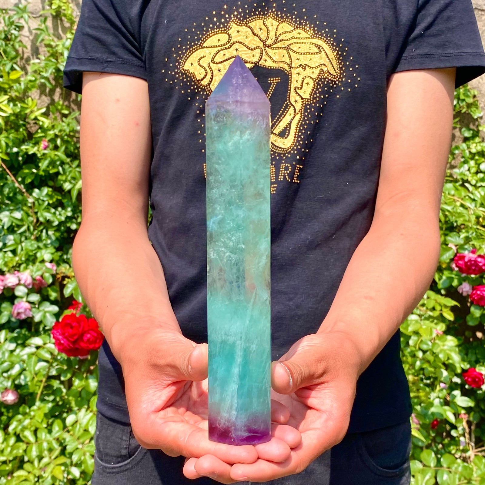 1.8LB Natural rainbow fluorite obelisk quartz crystal wand point Gem Healing