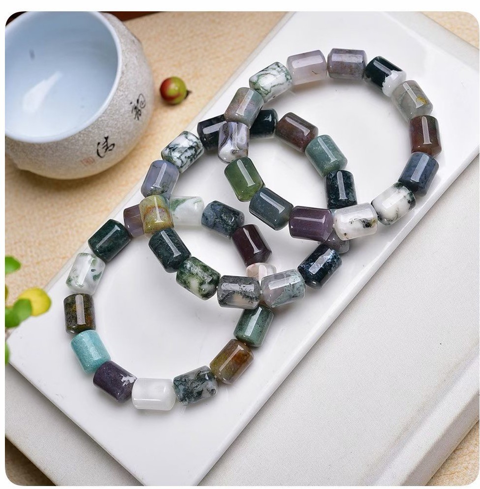 Natural Moss Agate Quartz Drum beads stretch Bracelet 1pcs
