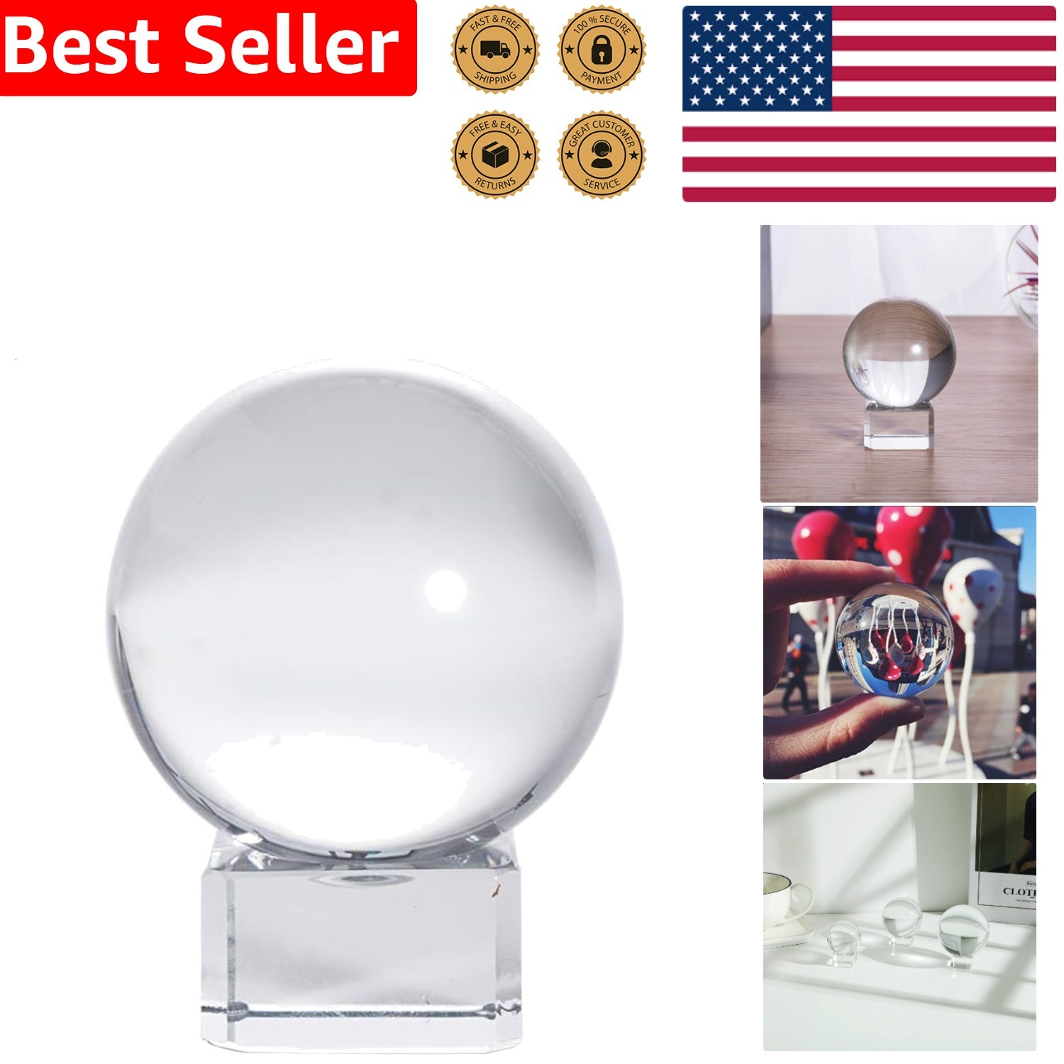 Pristine K9 Crystal Ball Fengshui Healing Meditation Home Office Decor 40mm S…