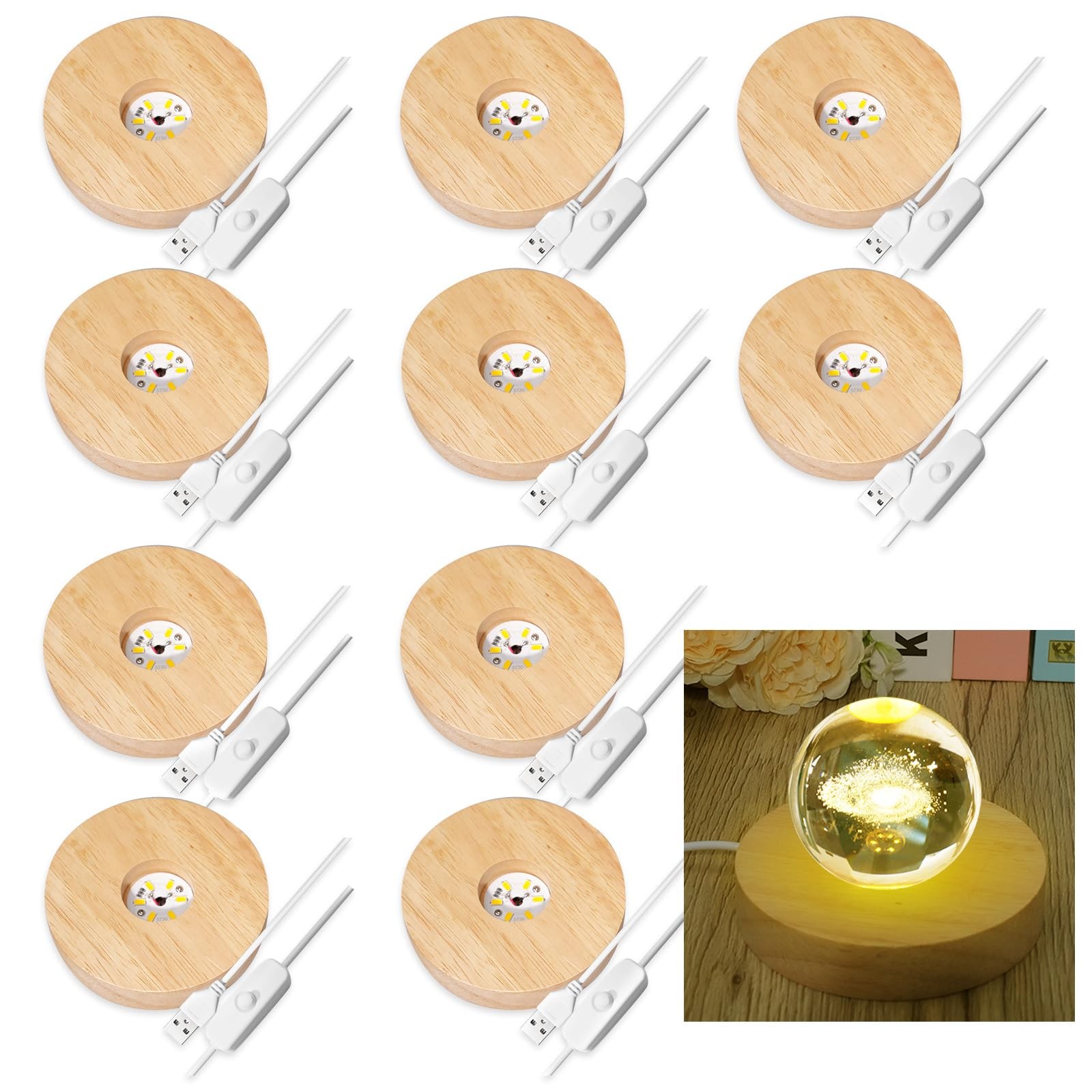 10 Pcs Wooden LED Display Bases Round Wood Display Lighted Bases for Glass Art L