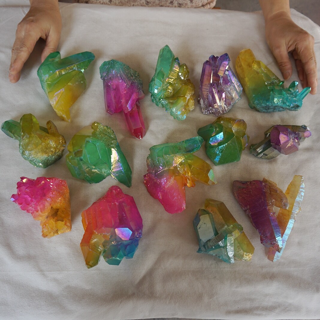11LB 14Pcs Rainbow Aqua Aura Quartz Crystal Cluster Points Titanium Coating
