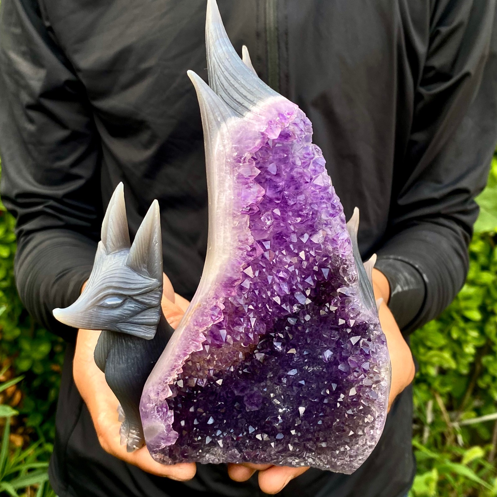 2.62LB Natural Agate Geode Hand Carved Nine-tailed Fox Quartz Crystal Decor