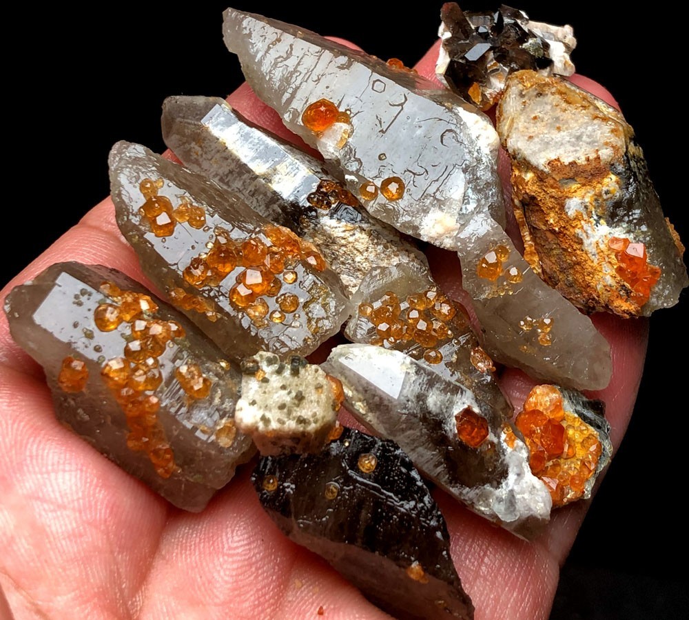 96g11pc Brand new Rare Black SMOKY QUARTZ Crystal Point&Garnet Spessartine t674