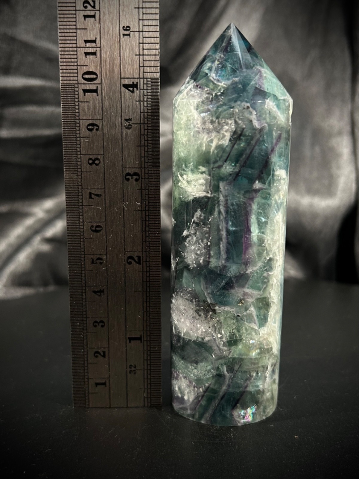 4.5″ Incredible Blue Rainbow Feather Fluorite Cylindrical Tower 10.8oz(307 gram)