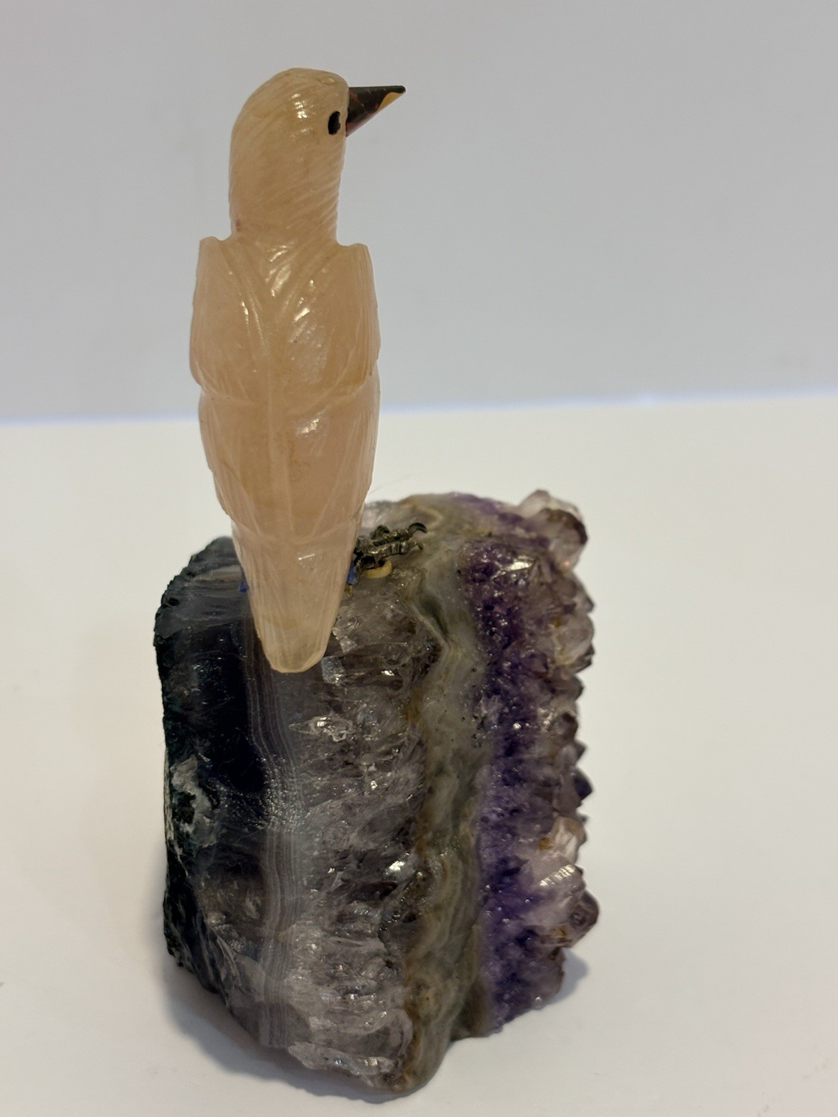 Hand carved Rose quartz bird on amethyst geode cluster 5x3x2.5