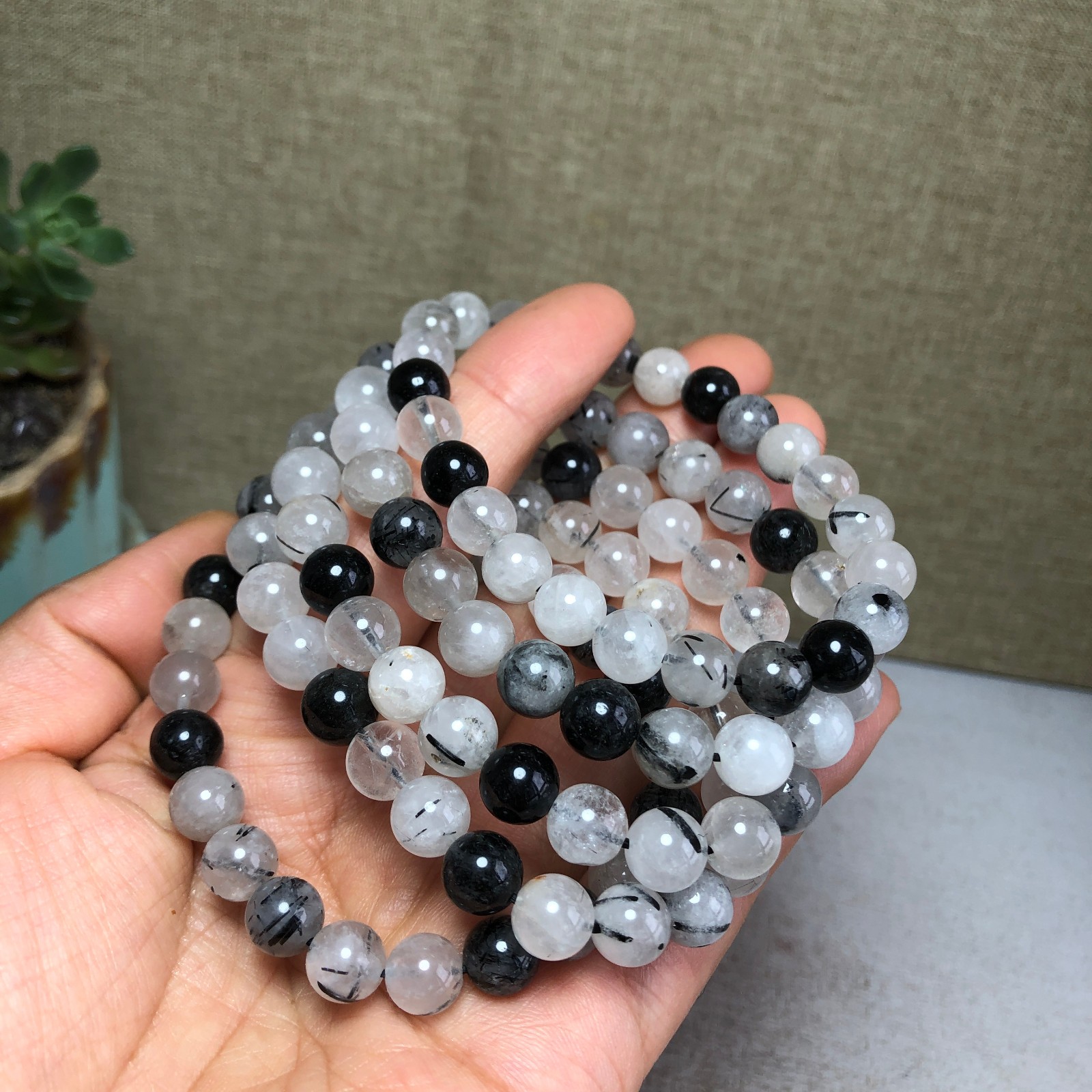 5pcs Natural black Tourmaline Crystal chain beads bracelet 7mm-8mm A4771