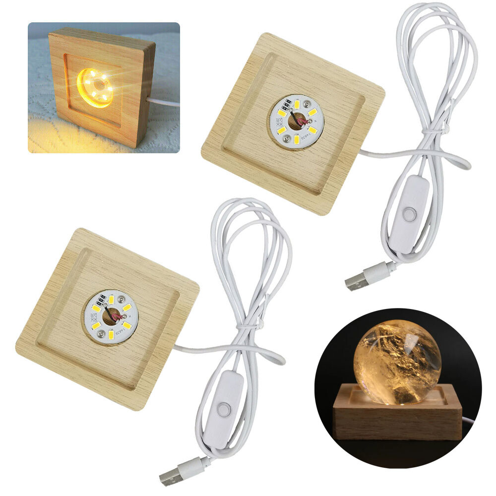 2pcs USB LED Warm Light Square Solid Wood Base Holder For Crystal Craft Display