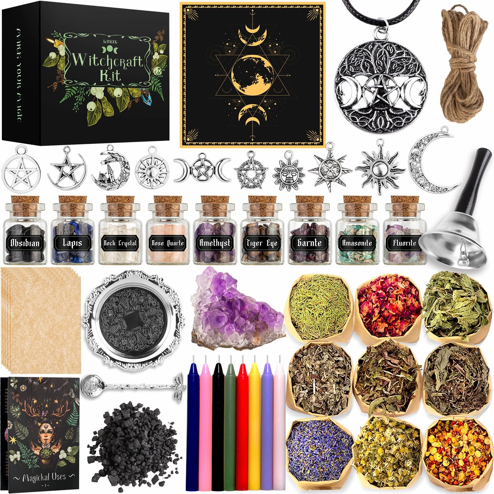 Witchcraft Supplies Kit for Spells, 56 PCS Witch Box Include Dried Herb Cryst…