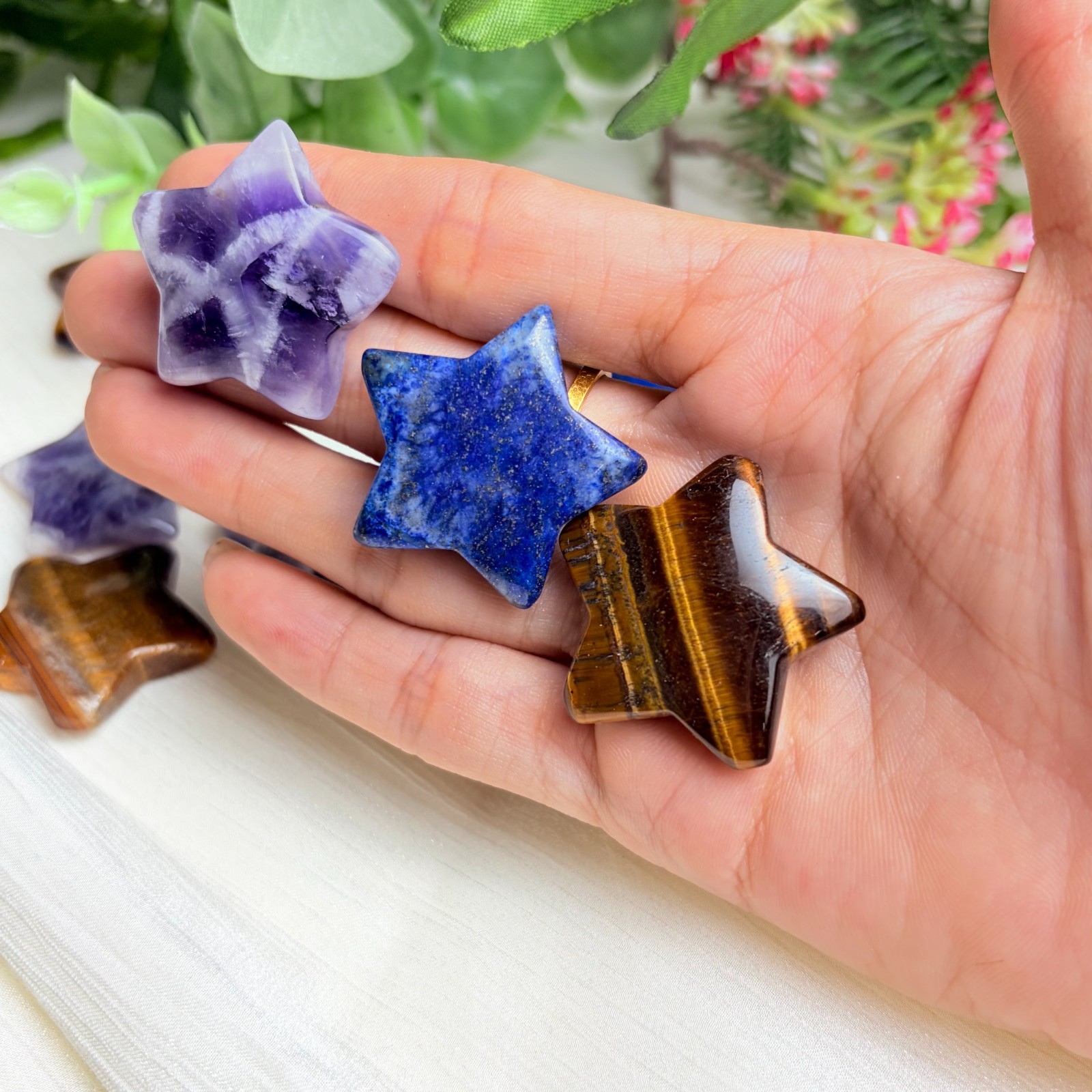 3Pc Random Natural Crystal Star Polished Carving Home Office Decor Gift