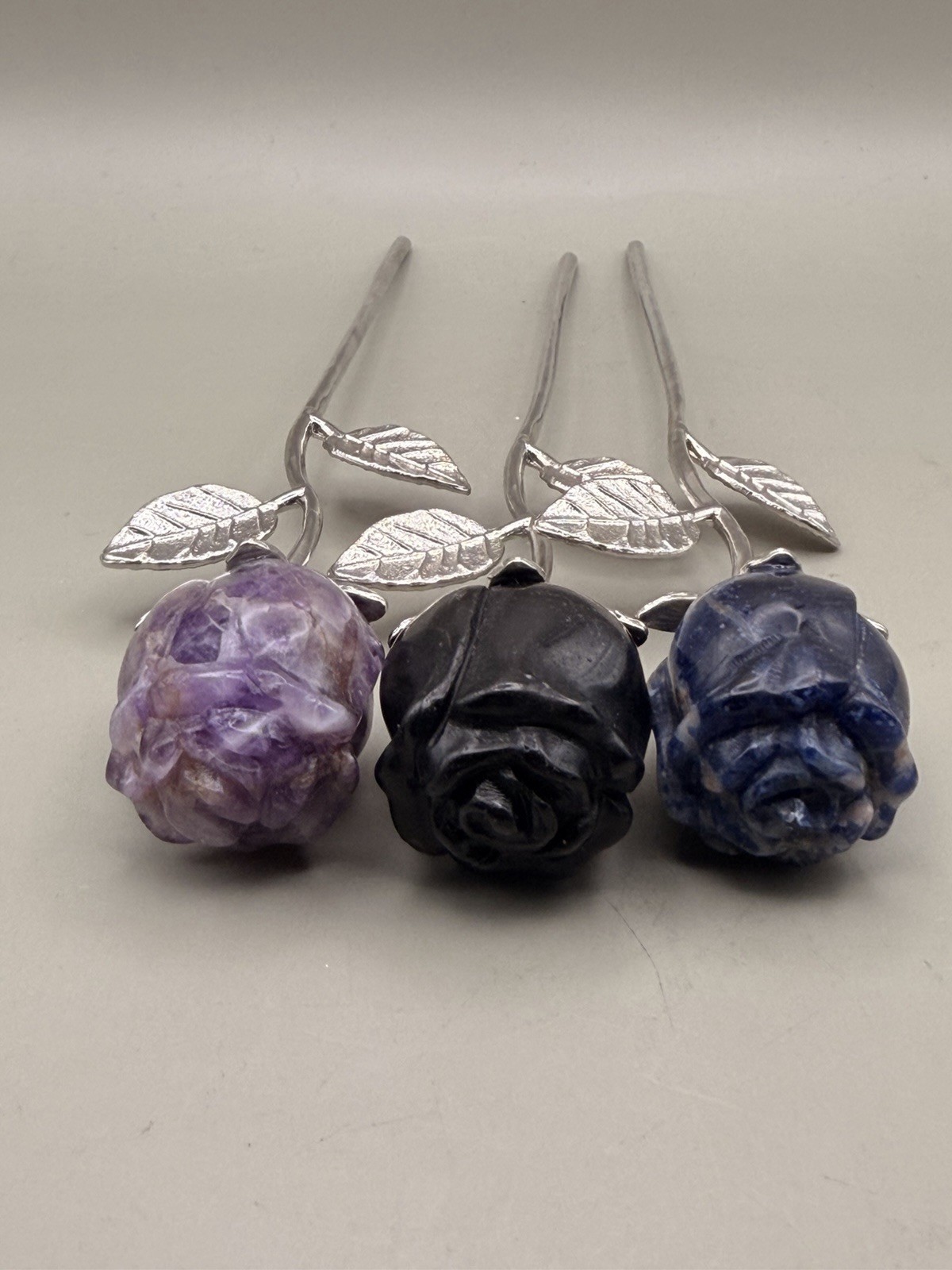 Set Of 3 Crystal Rose Sodalite Black Obsidian And Amethyst Natural Gemstone