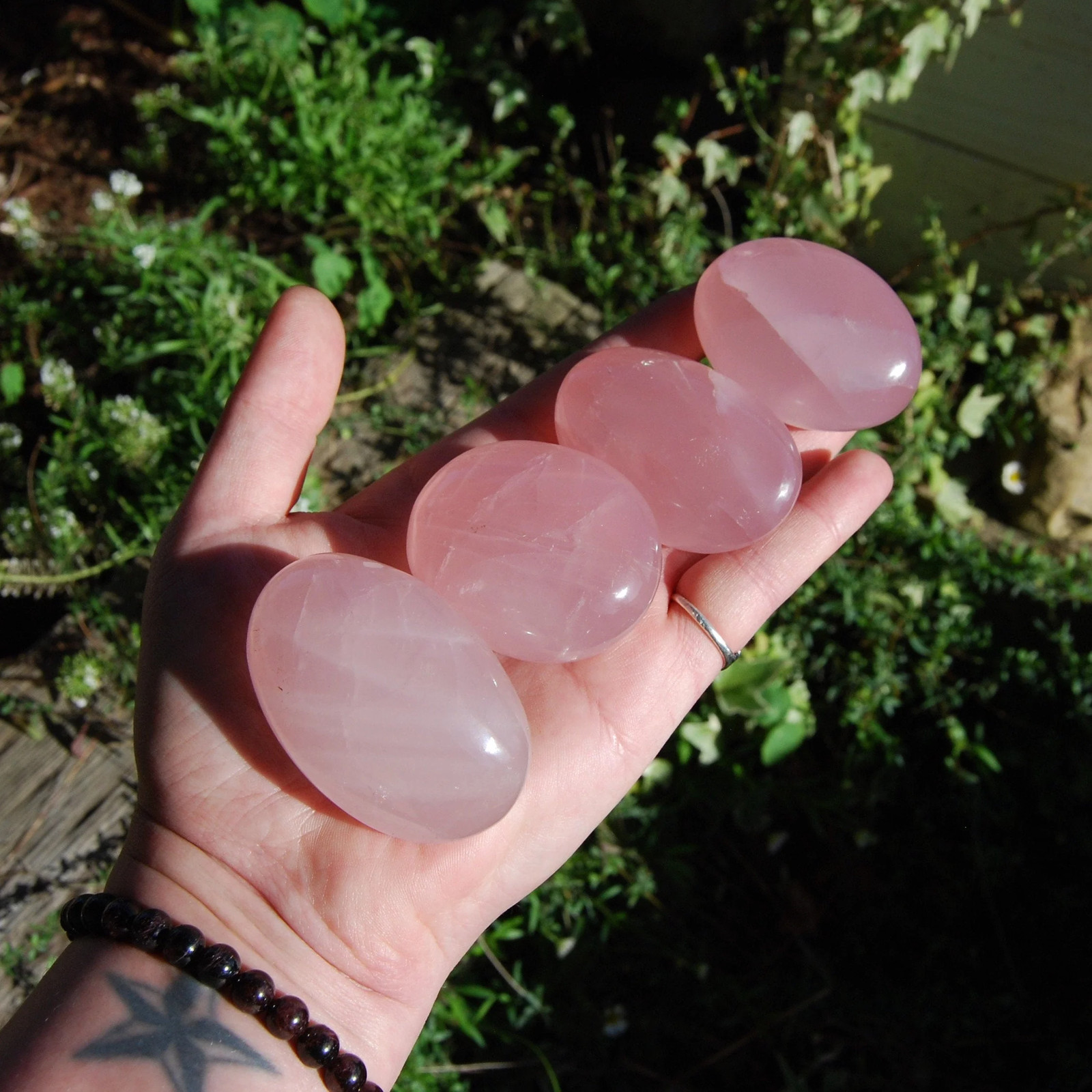 ONE Star Rose Quartz Crystal Palm Stone, Asterism, Mozambique