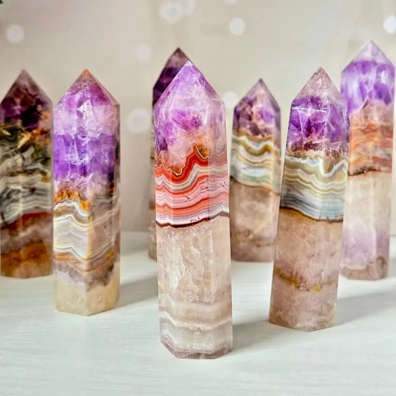 8-9cm Amethyst Lace Agate Crystal Tower Healing Crystal Obelisk Mineral Specimen