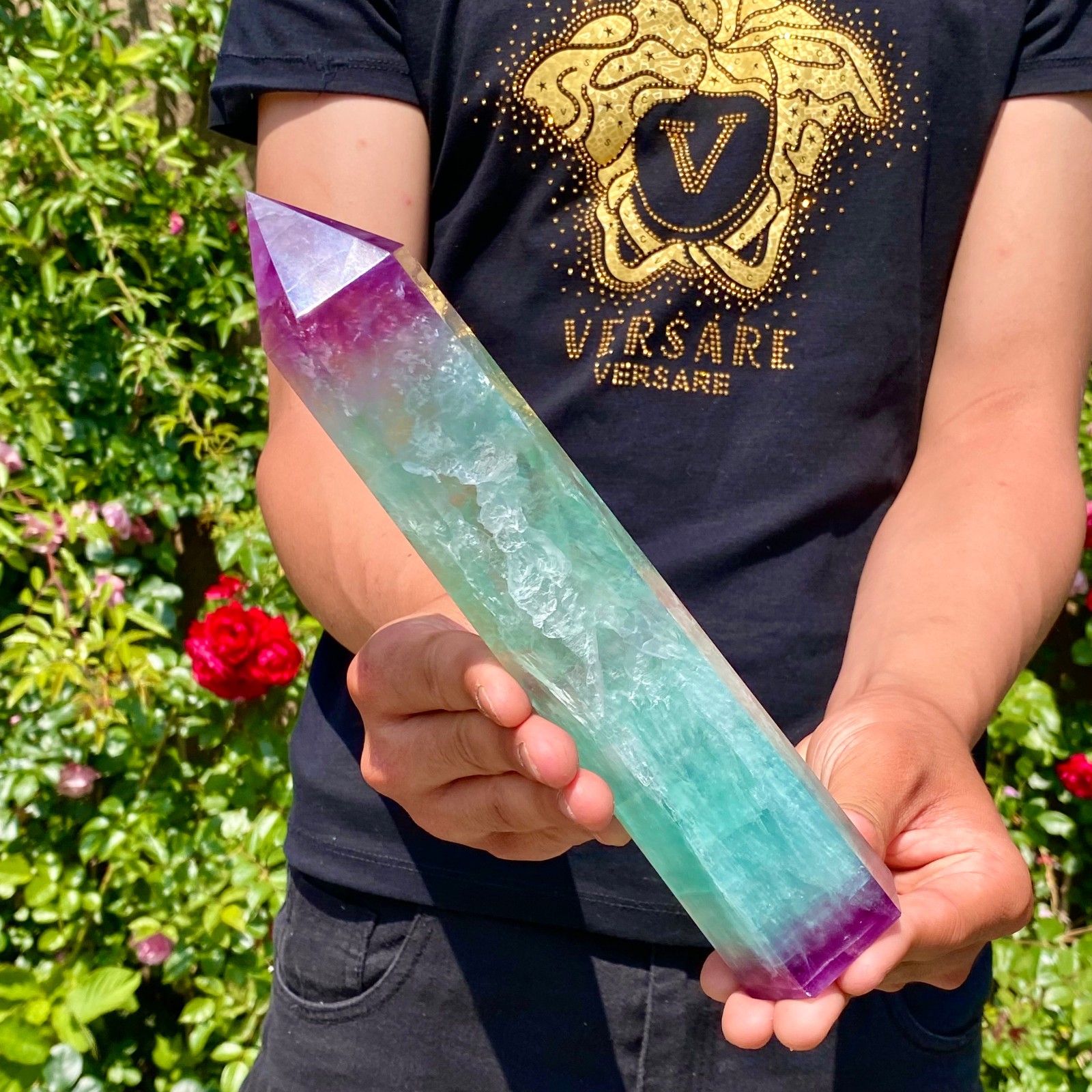 2.15LB Natural Rainbow Fluorite Column Quartz Crystal Rod Point Gemstone Healing