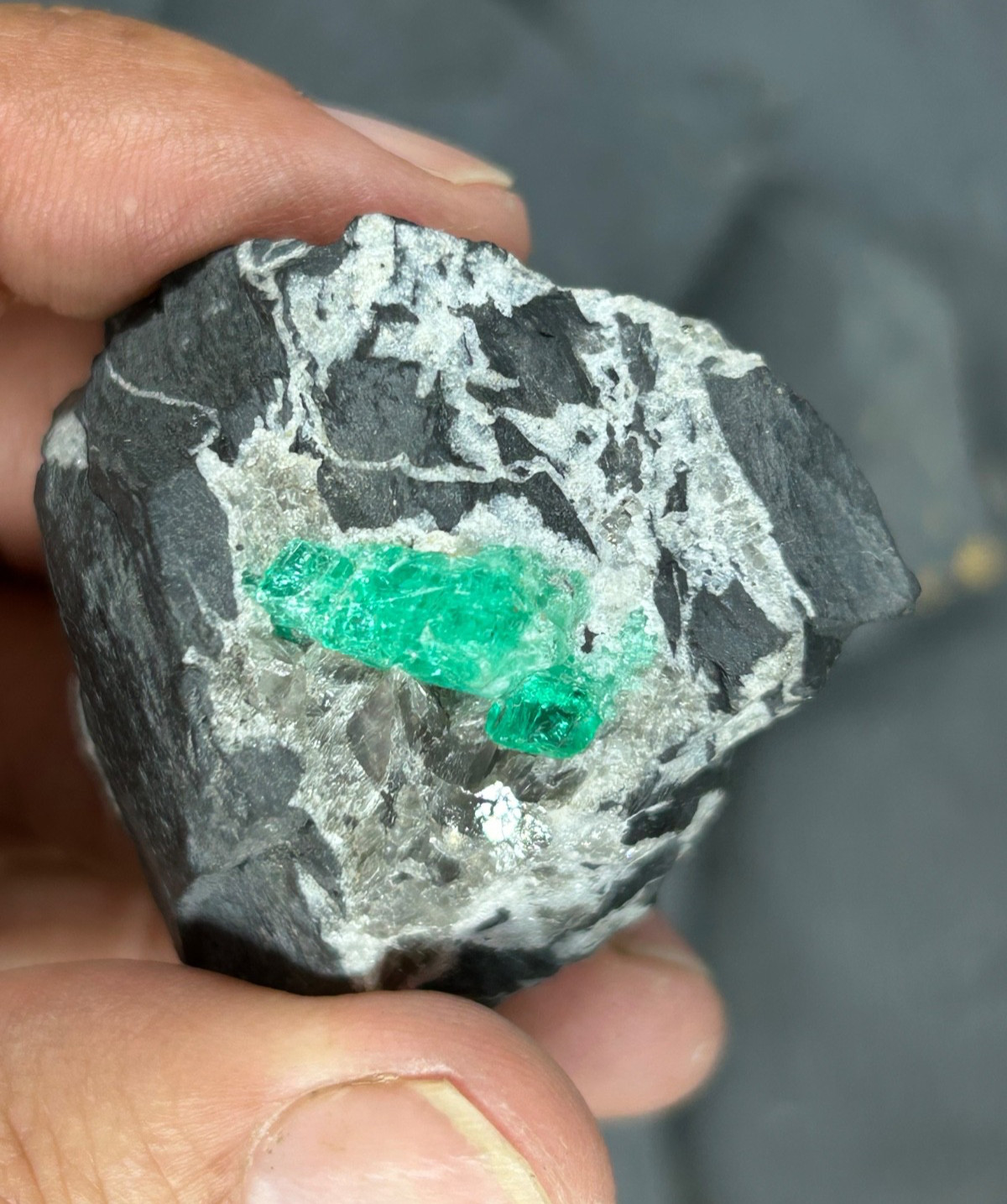 Clear Deep Green Emerald on Matrix Rock from Chivor Mines Colombia. 64 g.
