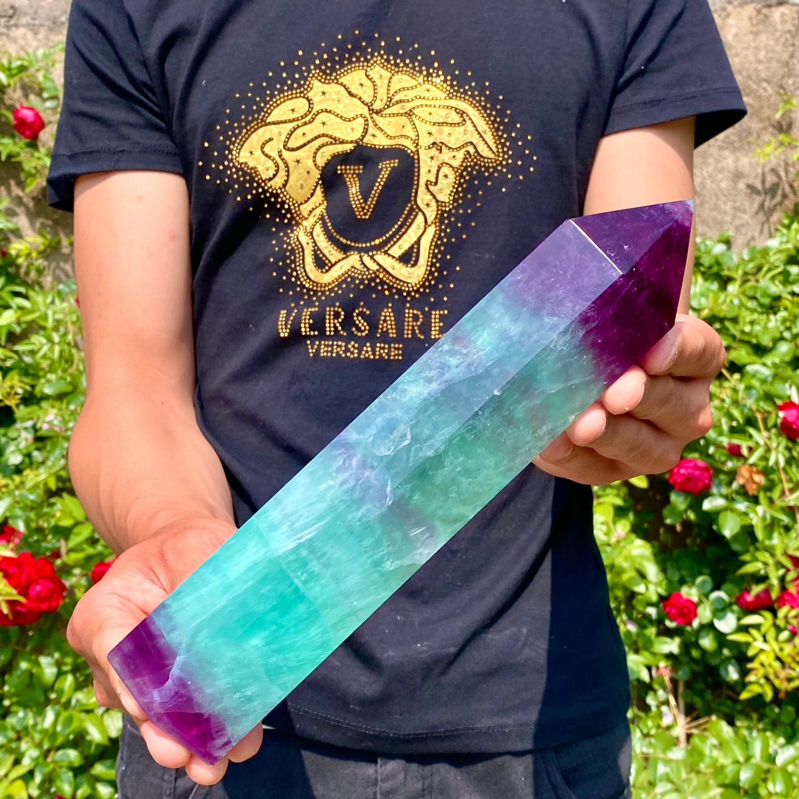 3.19LB Natural rainbow fluorite obelisk quartz crystal wand point Gem Healing