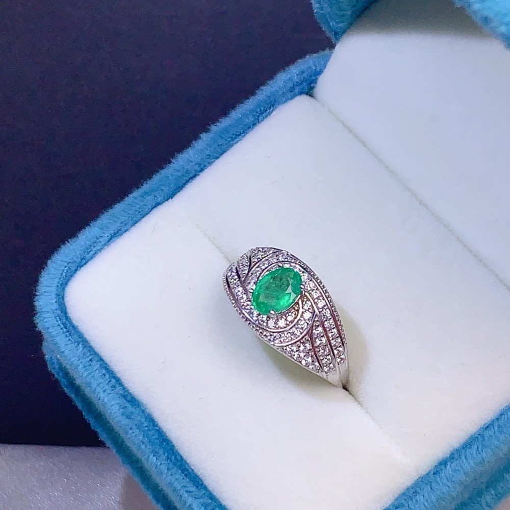 Natural emerald Gemstone open Adjustable Ring S925 Silver Plated 18K White Gold