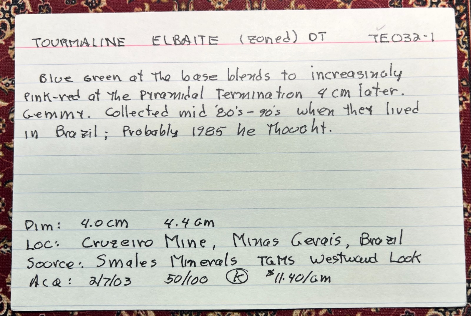 Gem Tourmaline DT. Cruzeiro Mine, Brazil. Dr. Stephen Smale collection 1985