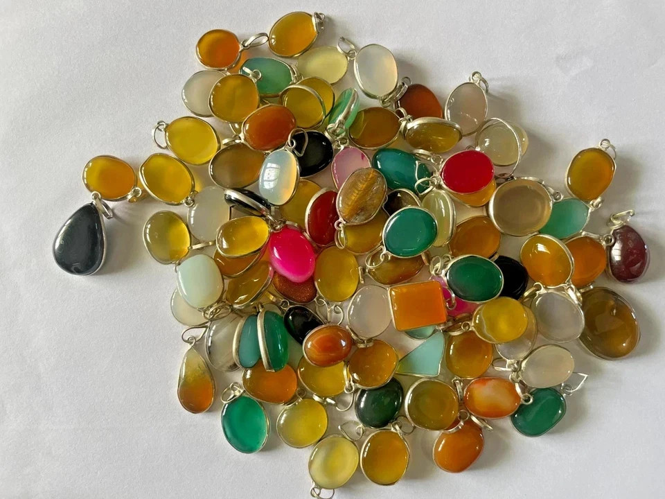 50 PCS Onyx Mix Color Gemstone Baby Pendants 925 Silver Plated Jewelry NEW BULK