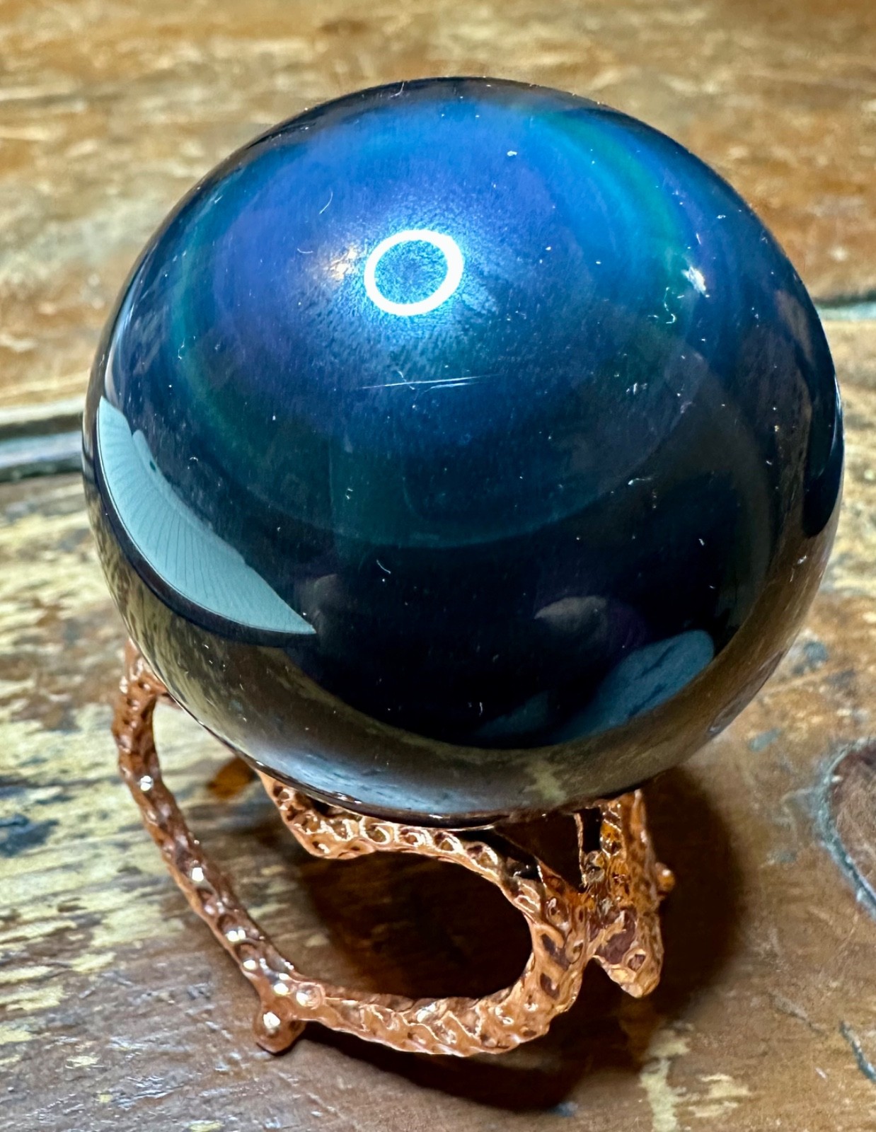 Rainbow obsidian blue crystal sphere with rose metal heart stand Free shipping