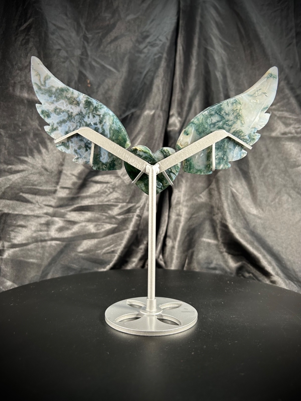 7″ Wingspan Moss Agate Heart/Wings Set With Metal Stand 4.5oz Crystal Weight