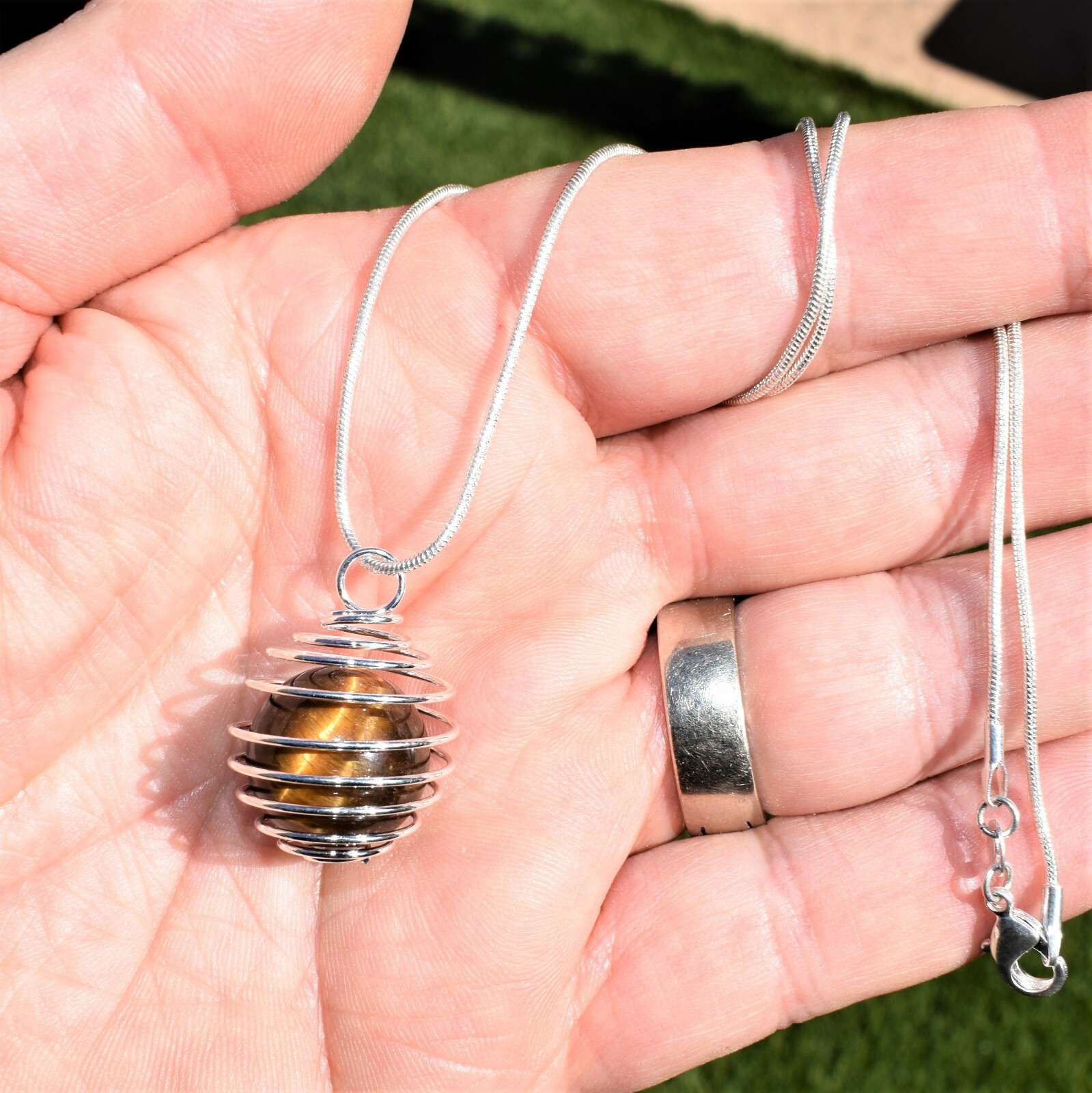 Charged 16mm Golden Yellow Tiger Eye Sphere Pendant + 20″ Stainless Steel Chain