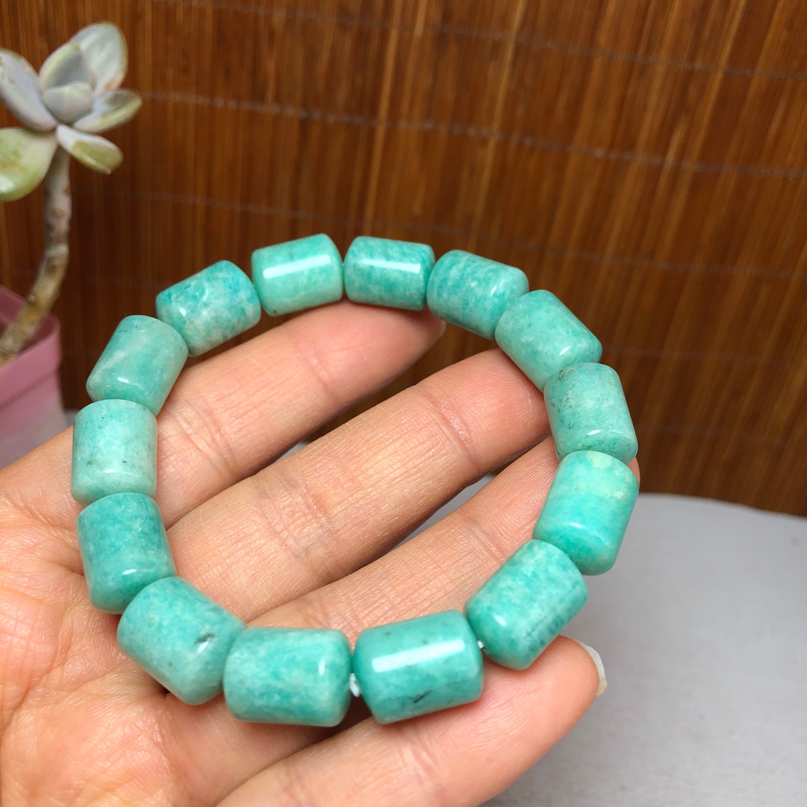 Natural amazon stone Bracelet Brown Gemstone Stretch Bucket bead Handmade A3700