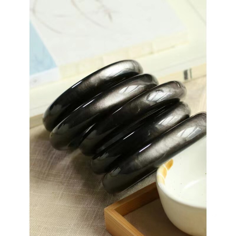 Natural Silver Gray Light Black Obsidian Crystal Power Bangle Inner Diameter 61