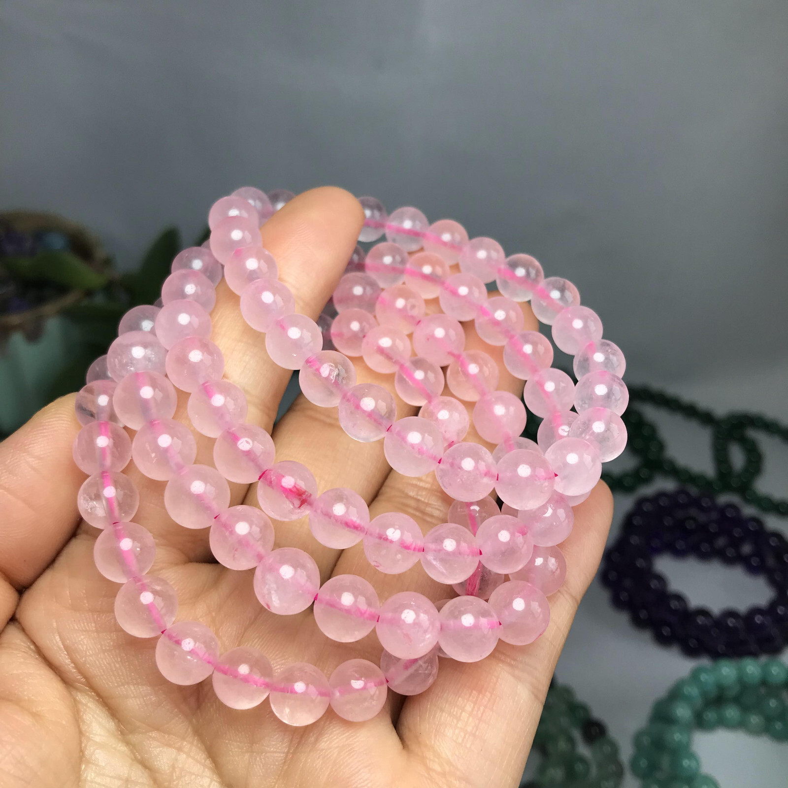 8mm-9mm Top Natural pink crystal gemstone Crystal chain beads bracelet 19g A5268