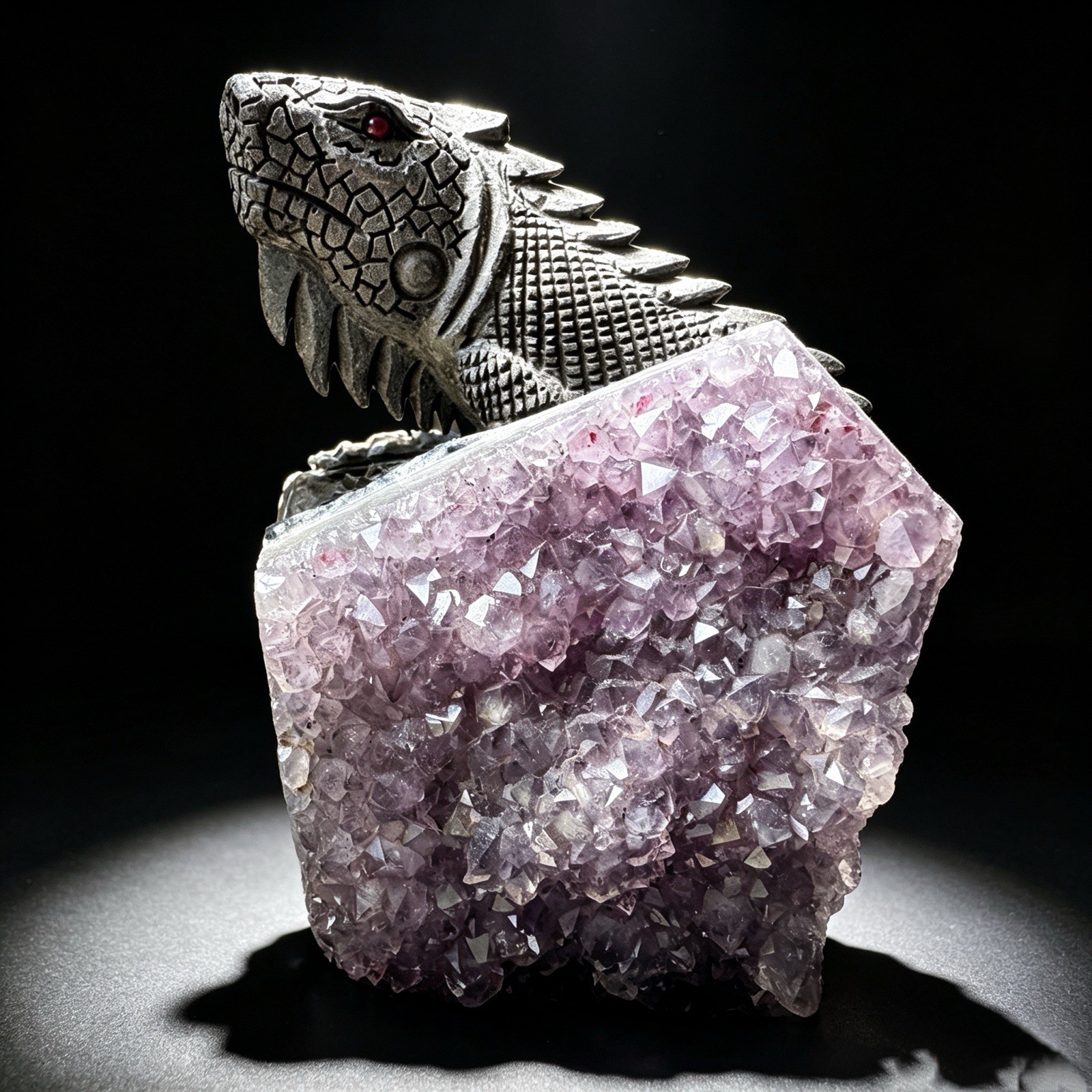 Hand Carved Amethyst Cluster Lizard Figurine Natural Crystal Reptile Sculpture