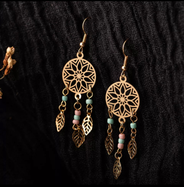 Women’s Fashion Jewelry Gold Tribal Feather Dream Catcher Drop Earrings