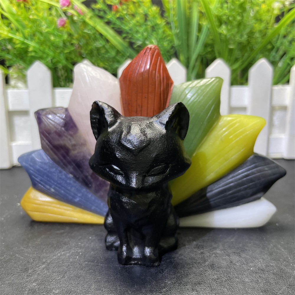 0.8LB Seven Chakras Hand Carved Nine-tailed Fox Quartz Crystal Decor