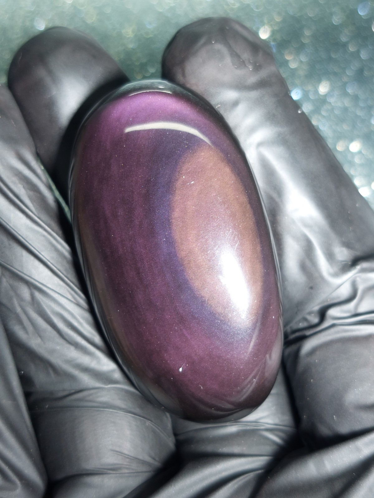 Rainbow Obsidian Palmstone 29g w/ Pouch – Purple/Gold Flash